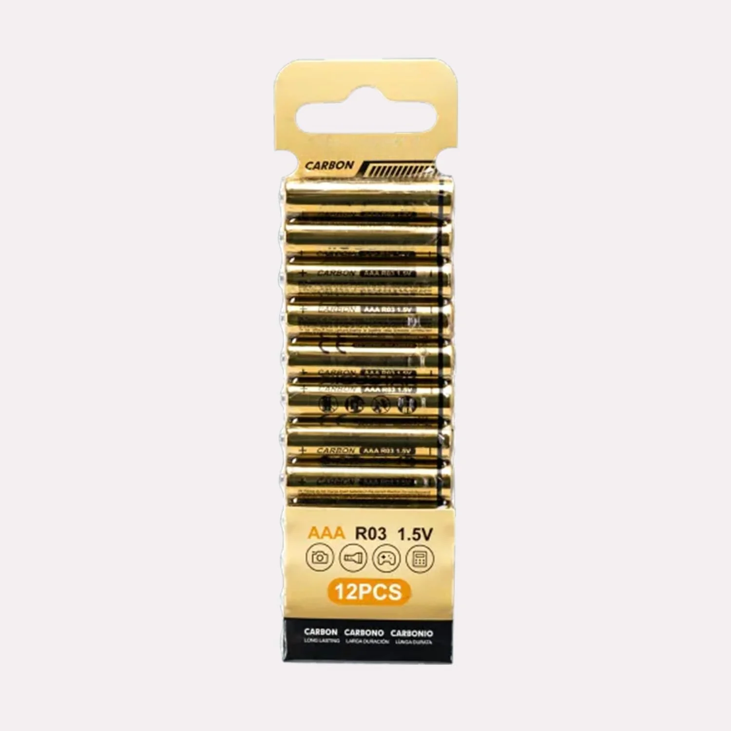 pilas r03 (aaa) de carbono-zinc, 1,5 v, pack de 12, ideales para dispositivos electrónicos y juguetes.